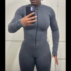 KAZI ribbed two piece jacket zip front grey set medium legging full length